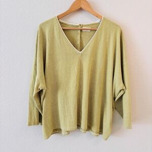 Poetry Green Striped V Neck Top Womens Size 18 Organic Cotton Button Back